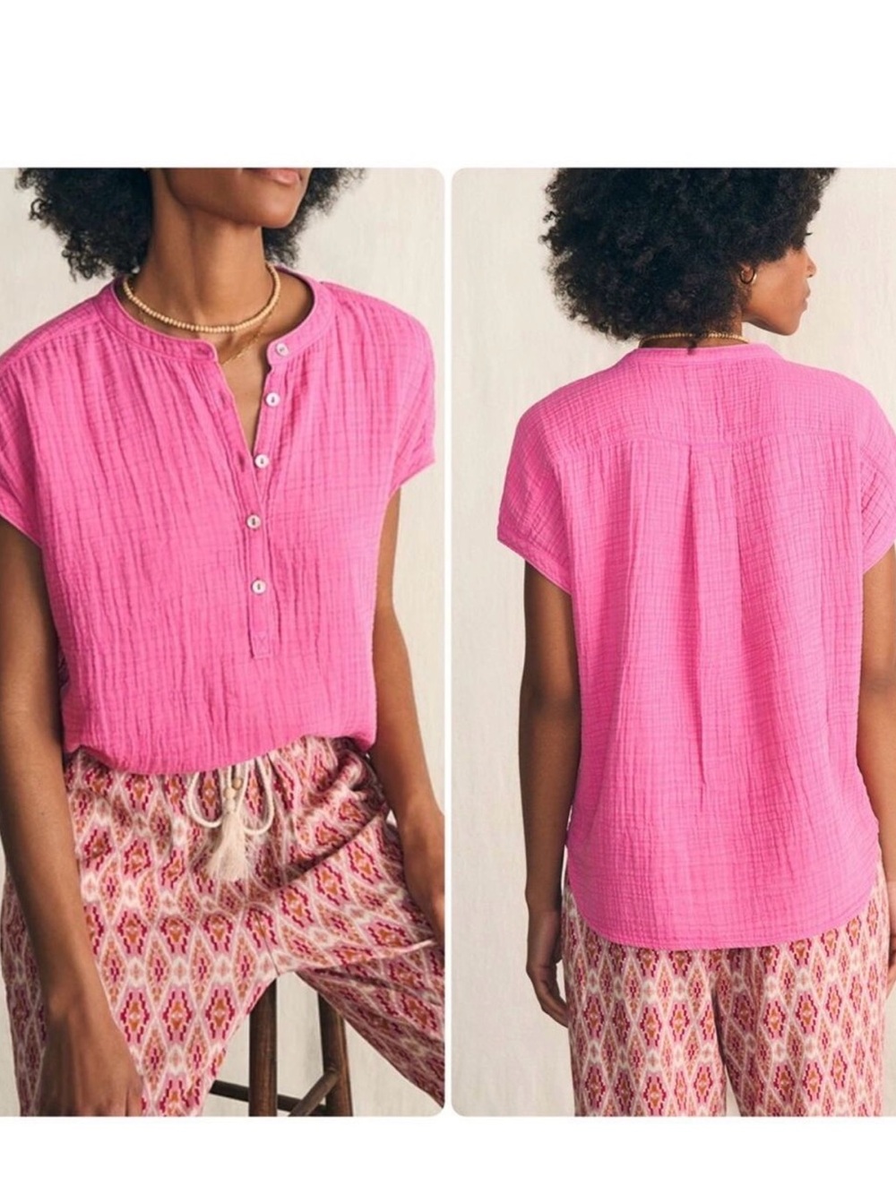 Faherty Desmond Hot Pink Short-Sleeve Button Henley